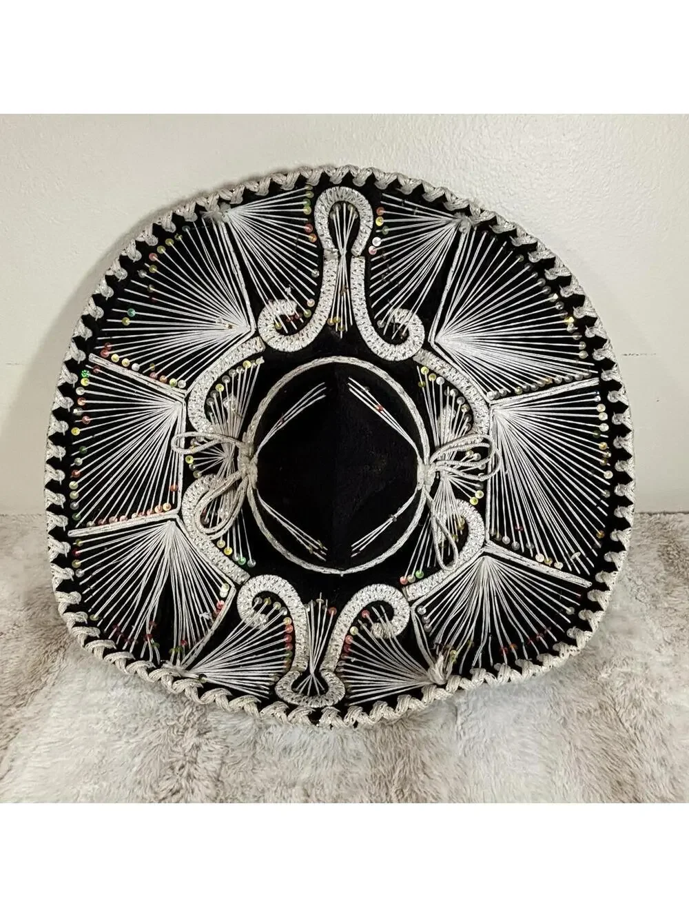 Vintage Mexican Charro Sombrero Hat Black Sequin String Art Made in Mexico